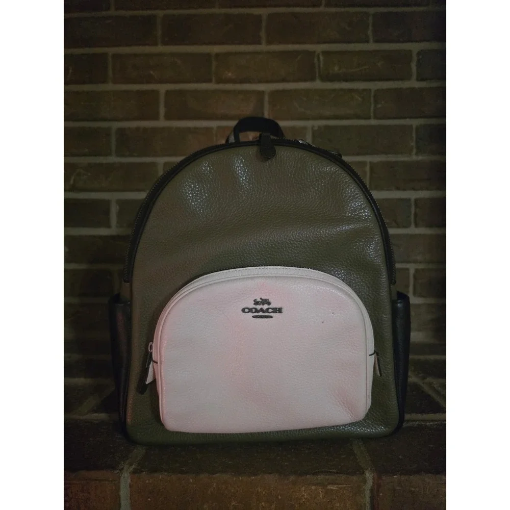 Coach Court Backpack Color Block Leather Bag Olive Black White - Picture 1 of 10